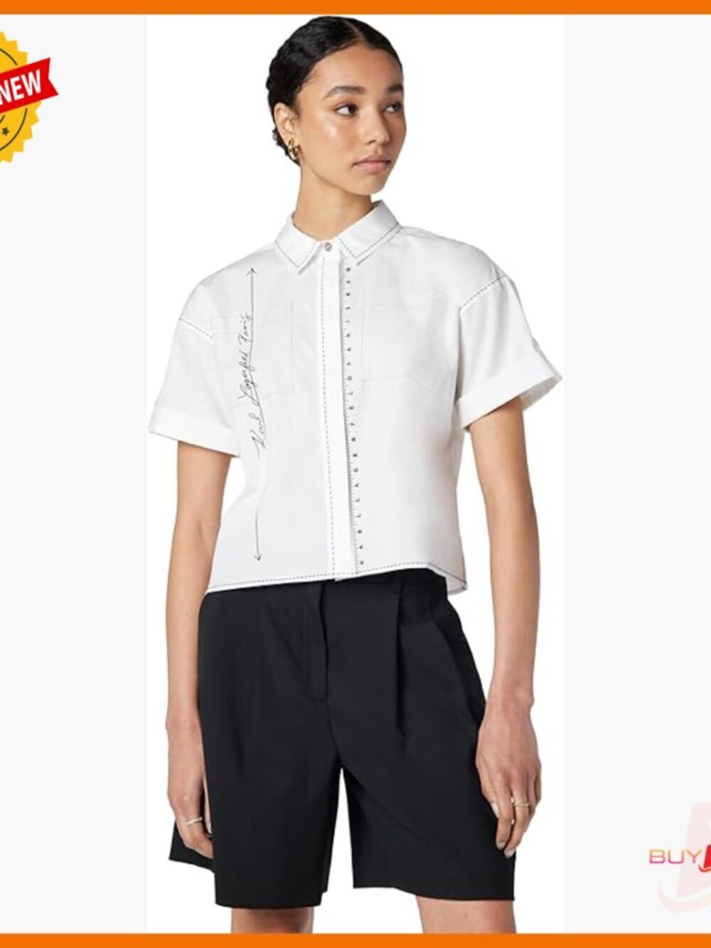 Relaxed Fit Cotton Blouse with Tape Measure Print, Cap Sleeve